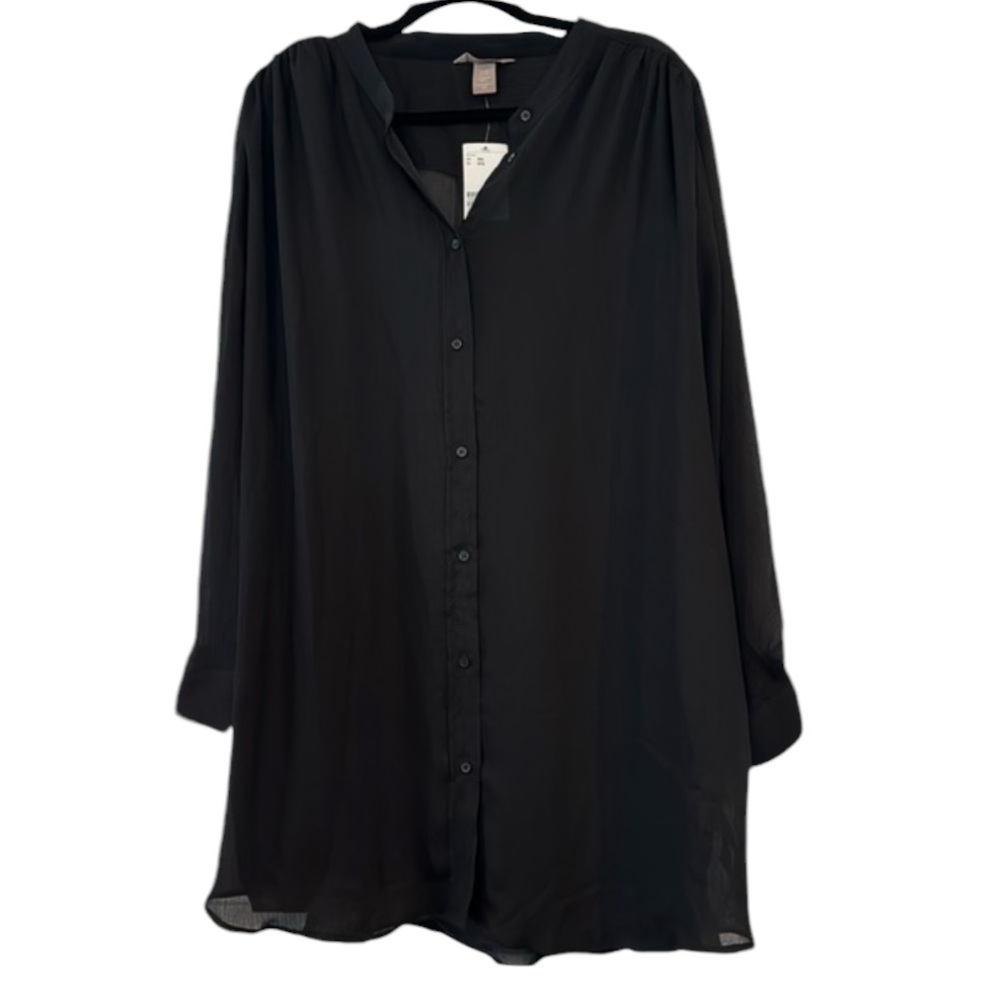 H&M Black Long-Sleeve Button-Front Tunic Blouse